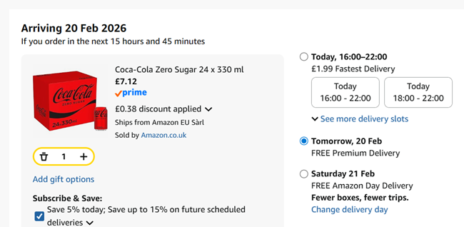 Screenshot showing Coca-Cola Zero Sugar 24 x 330 ml for £7.12 at Amazon