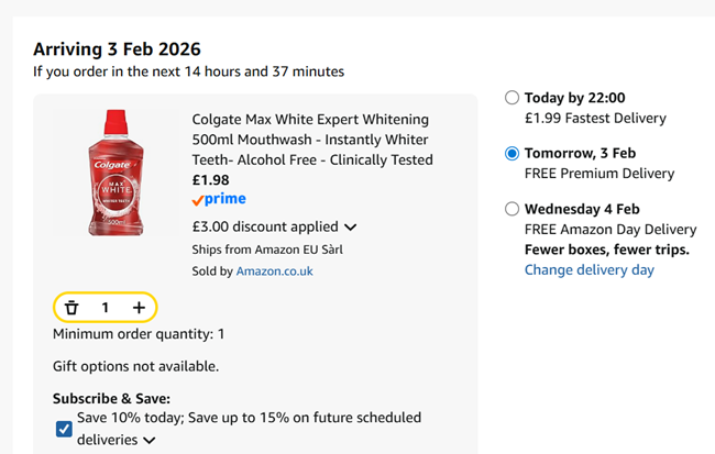 Screenshot showing Colgate Max White Expert Whitening 500ml Mouthwash for £1.98 at Amazon