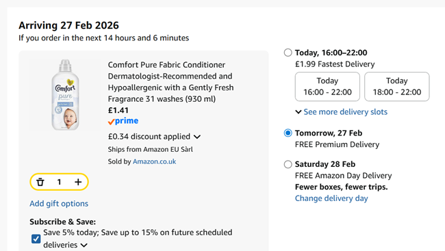 Screenshot showing Comfort Pure Fabric Conditioner 31 Washes for £1.41 at Amazon