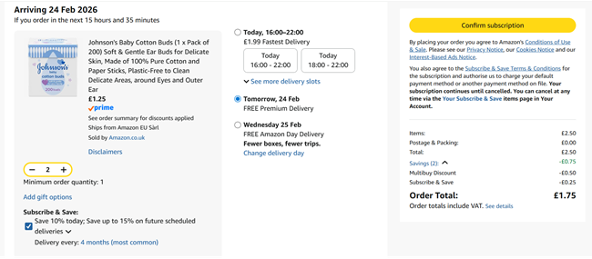 Screenshot showing Johnson's Baby Cotton Buds Pack of 200 x 2 for £1.75 at Amazon
