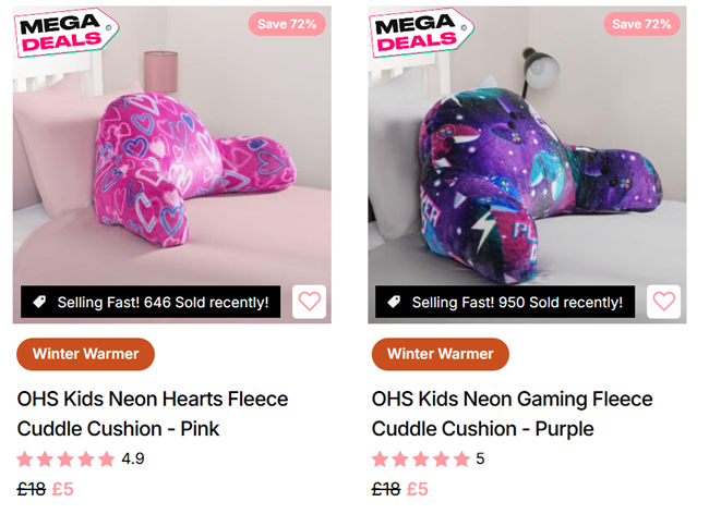 Screenshot showing Cuddle Cushions for £5 at Online Home Shop