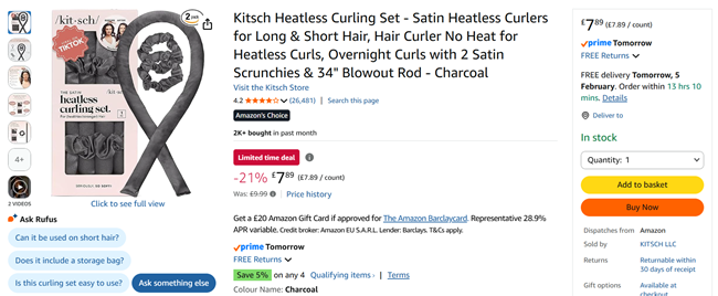 Screenshot showing Kitsch Satin Heatless Curling Set for £7.89 at Amazon seller KITSCH LLC
