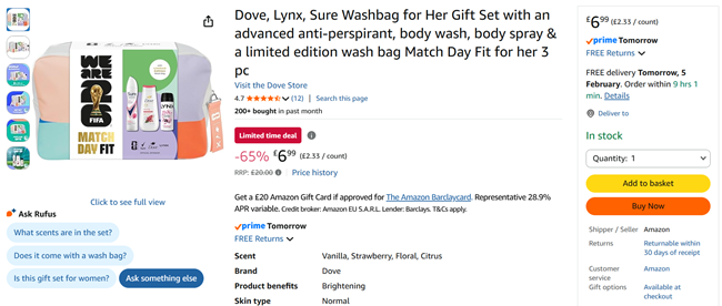 Screenshot showing Dove, Lynx, Sure Washbag for Her Gift Set for £6.99 at Amazon