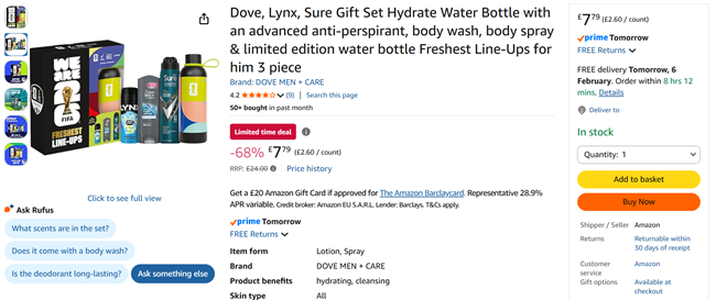 Screenshot showing Dove, Lynx, Sure & Hydrate Water Bottle Gift Set for £7.79 at Amazon