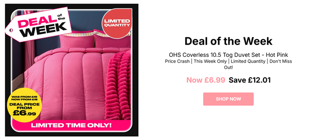 Screenshot showing OHS Coverless 10.5 Tog Duvet Set Hot Pink from £6.99 at Online Home Shop