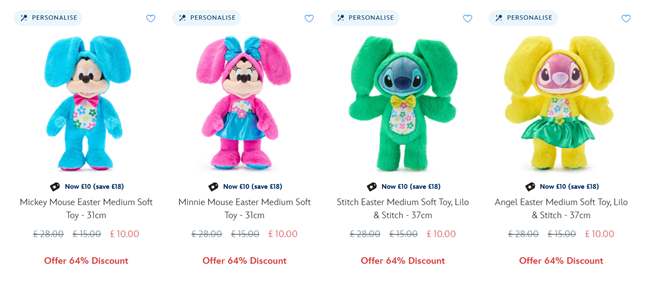 Screenshot showing Disney Easter Medium Soft Toys now £10 each at Disney Store