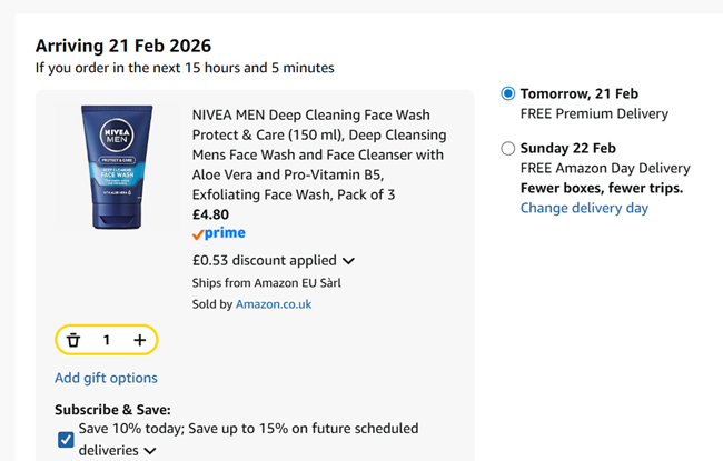 Screenshot showing Nivea Men Deep Cleaning Face Wash Protect & Care 150 ml Pack of 3 for £4.80 at Amazon