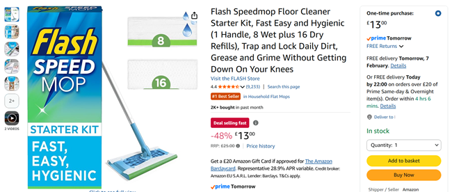 Screenshot showing Flash Speedmop Floor Cleaner Starter Kit for £13 at Amazon