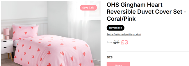 Screenshot showing Gingham Heart Reversible Duvet Cover Set Single for £3 at Online Home Shop