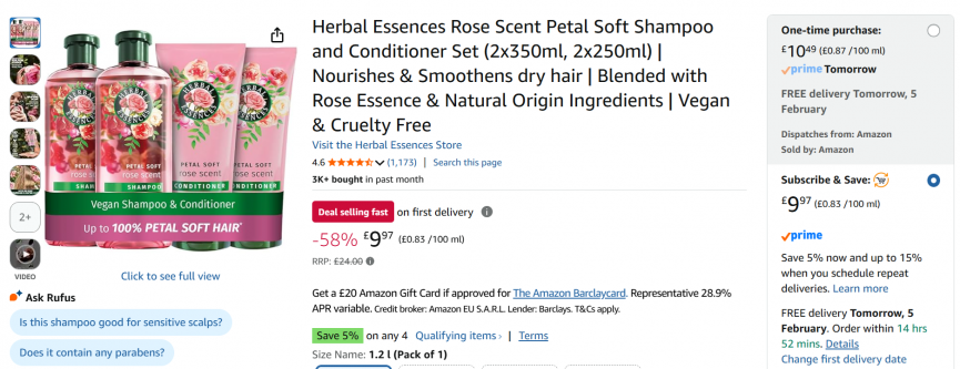 Screenshot showing Herbal Essences Rose Scent Petal Soft Shampoo (2 x 350ml) and Conditioner (2 x 250ml) Set for £9.97 at Amazon