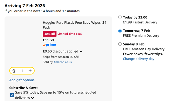 Screenshot showing Huggies Pure Plastic Free Baby Wipes, 24 Pack for £11.39 at Amazon