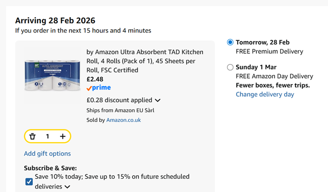 Screenshot showing by Amazon Ultra Absorbent TAD Kitchen Roll, 4 Rolls for £2.48 at Amazon