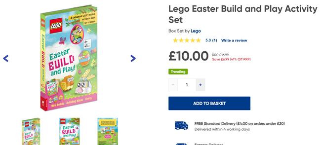 Screenshot showing Lego Easter Build and Play Activity Set for £10 at The Works