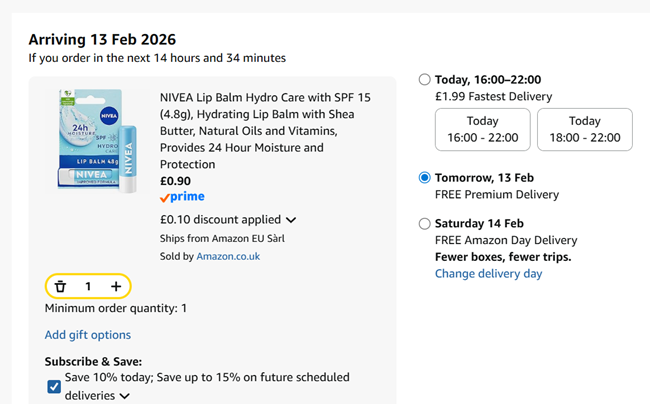 Screenshot showing NIVEA Lip Balm Hydro Care with SPF 15 for 90p at Amazon
