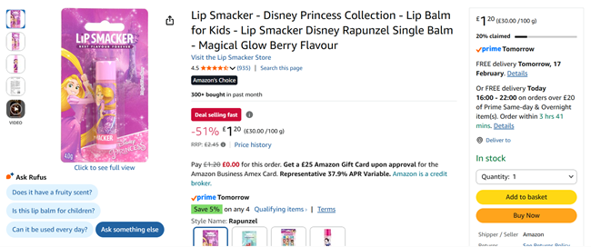 Screenshot showing Lip Smacker Disney Rapunzel Single Balm for £1.20 at Amazon