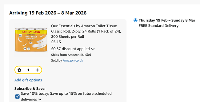 Screenshot showing Our Essentials by Amazon Toilet Tissue Classic Roll, 2-ply, 24 Rolls for £5.13 at Amazon
