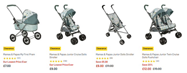 Screenshot showing Mamas & Papas dolls prams and pushchairs at Argos