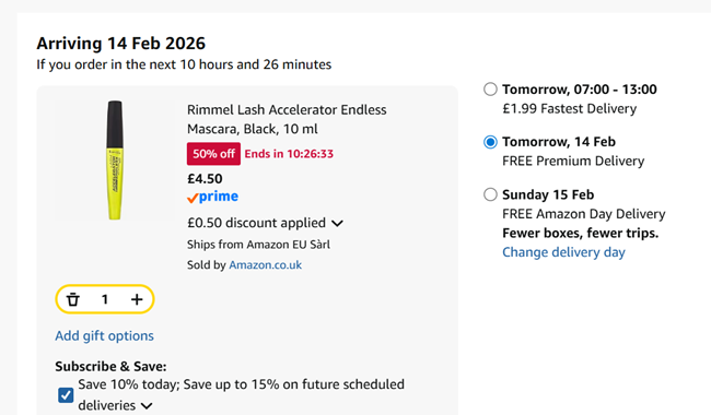 Screenshot showing Rimmel Lash Accelerator Endless Mascara, Black for £4.50 at Amazon