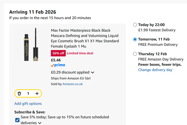 Screenshot showing Max Factor Masterpiece Black Mascara for £5.46 at Amazon