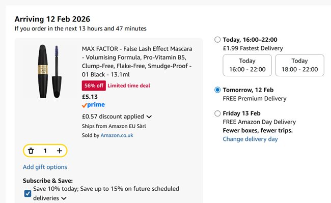 Screenshot showing Max Factor False Lash Effect Black Mascara for £5.13 at Amazon