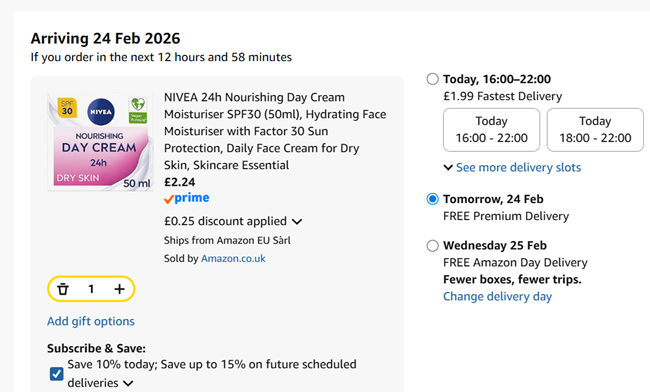 Screenshot showing Nivea 24h Nourishing Day Cream Moisturiser SPF30 (50ml) for £2.24 at Amazon
