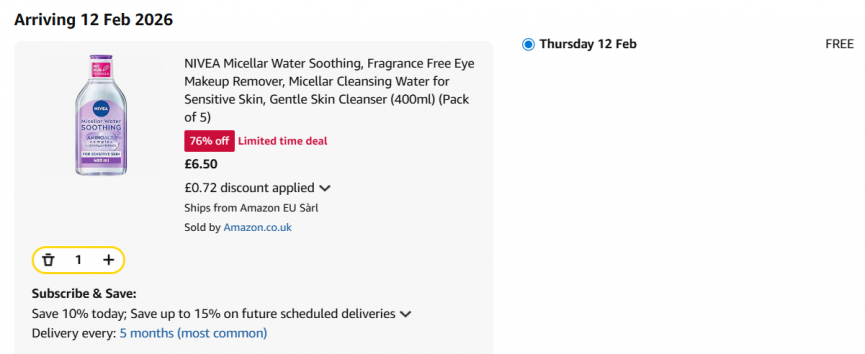 Pack of 5 Nivea Micellar Water Soothing 400ml for £6.50 @ Amazon