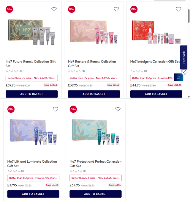 Screenshot showing No7 Skincare Collections offer at Boots