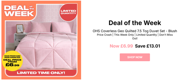 Screenshot showing OHS Coverless Geo Quilted 7.5 Tog Duvet Set Blush from £6.99 at Online Home Shop