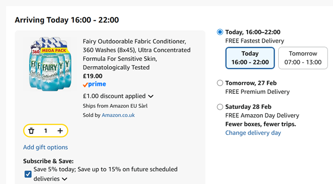 Screenshot showing Fairy Outdoorable Fabric Conditioner, 360 Washes (8x45) for £19 at Amazon