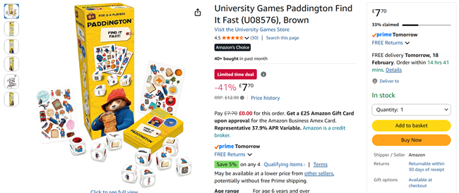 Screenshot showing University Games Paddington Find It Fast Game for £7.70 at Amazon