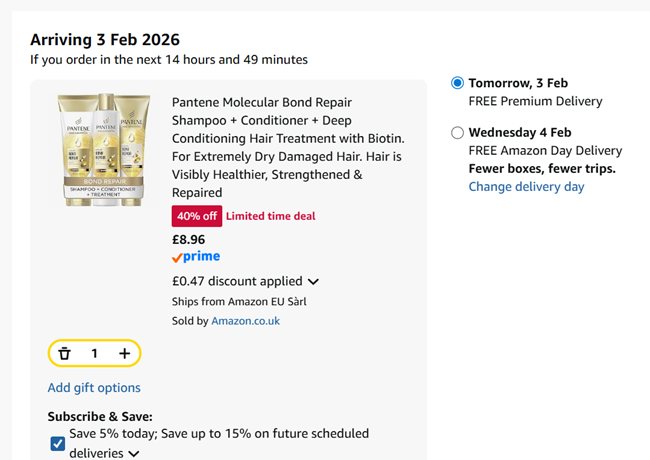 Screenshot showing Pantene Molecular Bond Repair Shampoo, Conditioner & Treatment Bundle for £8.96 at Amazon