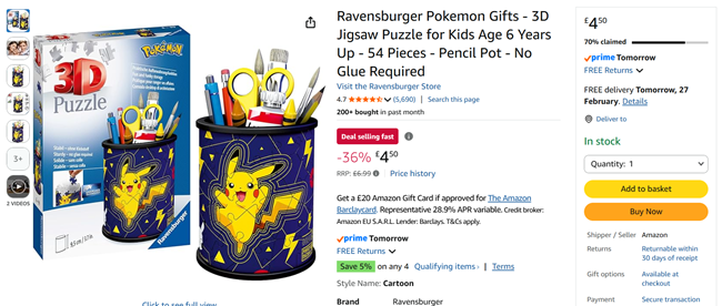 Screenshot showing Ravensburger Pokemon 3D Jigsaw Puzzle Pencil Pot for £4.50 at Amazon