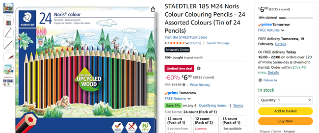 Screenshot showing STAEDTLER Noris Tin Of 24 Assorted Colour Colouring Pencils for £6 at Amazon