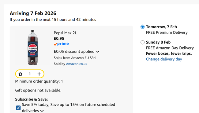 Screenshot showing Pepsi Max 2L Bottle for 95p at Amazon