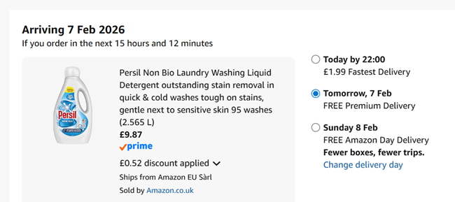 Screenshot showing Persil Non Bio Laundry Washing Liquid Detergent 95 washes (2.565 L) for £9.87 at Amazon
