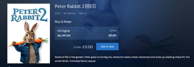 Screenshot showing Peter Rabbit 2 free Buy & Keep movie at Sky TV