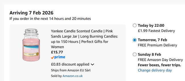 Screenshot showing Yankee Candle Scented Candle Pink Sands Large Jar for £15.77 at Amazon