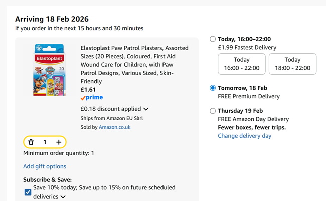 Screenshot showing Elastoplast Paw Patrol Plasters, Assorted Sizes (20 Pieces) for £1.61 at Amazon