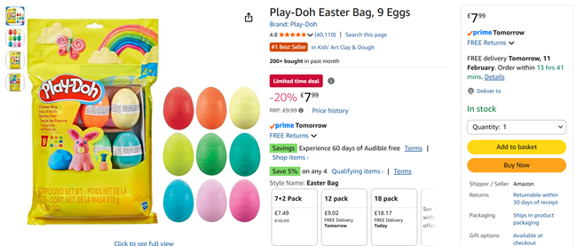 Screenshot showing Play-Doh Easter Bag, 9 Eggs for £7.99 at Amazon