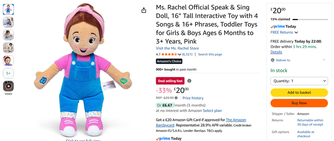 Screenshot showing Ms. Rachel Official Speak & Sing Doll for £20 at Amazon