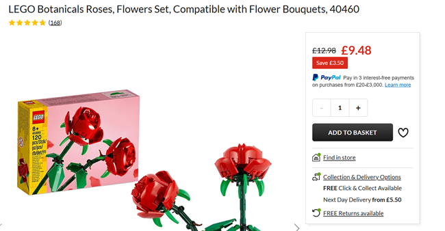 Screenshot showing LEGO Botanicals Roses 40460 for £9.48 at Asda George