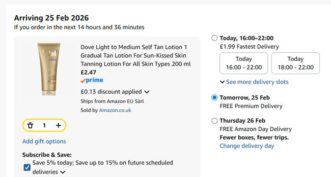 Screenshot showing Dove Light to Medium Self Tan Lotion 1 Gradual Tan Lotion 200 ml for £2.47 at Amazon