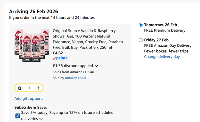Screenshot showing Original Source Vanilla & Raspberry Shower Gel Pack of 6 x 250 ml for £4.62 at Amazon