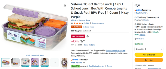 Screenshot showing Sistema To Go Bento Lunch Box With Snack Pot for £6.49 at Amazon