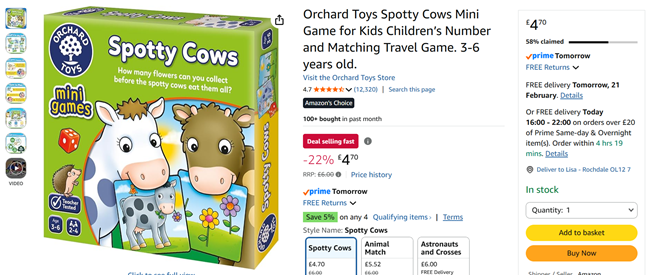 Screenshot showing Orchard Toys Spotty Cows Mini Game for £4.70 at Amazon
