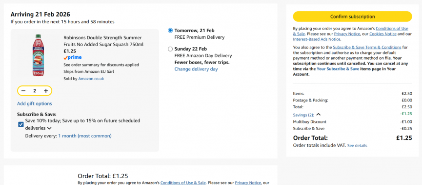 Screenshot showing Robinsons Double Strength Summer Fruits No Added Sugar Squash 750ml 2 for £1.25 at Amazon