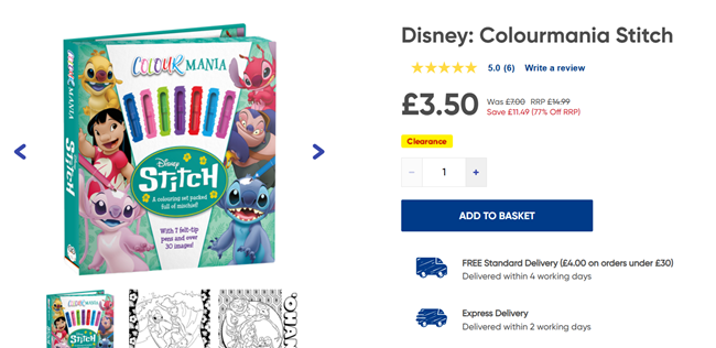 Screenshot showing Disney: Colourmania Stitch for £3.50 at The Works