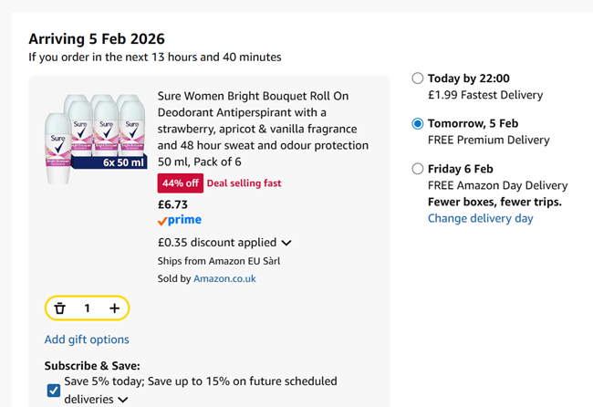 Screenshot showing Sure Women Bright Bouquet Roll On Deodorant Antiperspirant Pack of 6 for £6.73 at Amazon