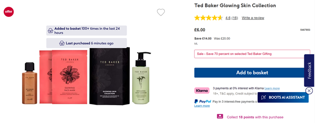 Screenshot showing Ted Baker Glowing Skin Collection for £6 at Boots