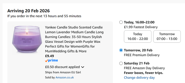Screenshot showing Yankee Candle Studio Lemon Lavender Medium Candle for £9.49 at Amazon